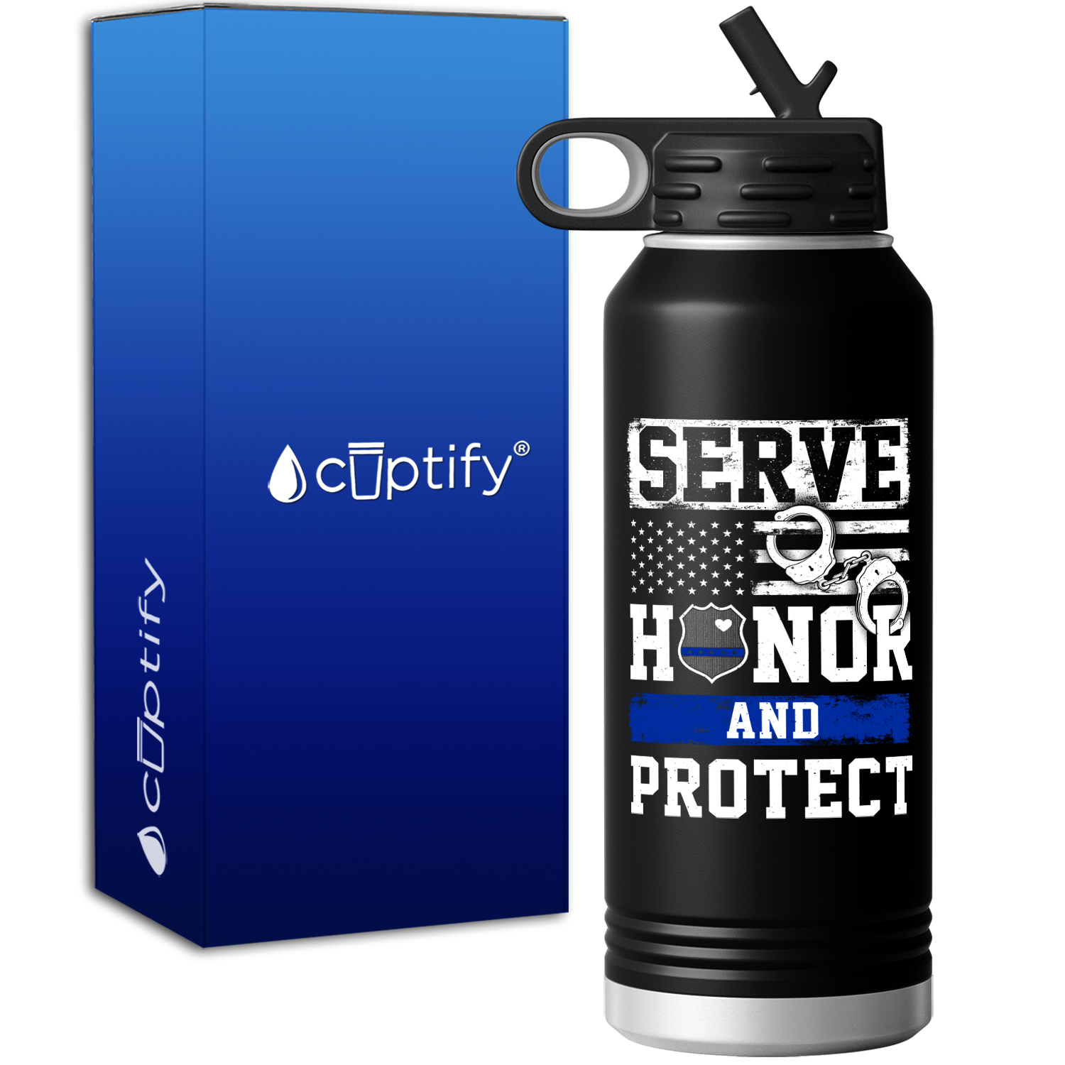 Personalized Serve Honor and Protect 32oz Black Police Sport Water Bottle
