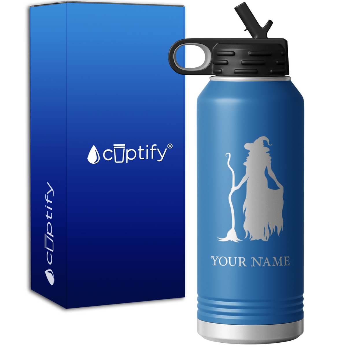 Witch Standing with Broom Personalized 32oz Sport Water Bottle
