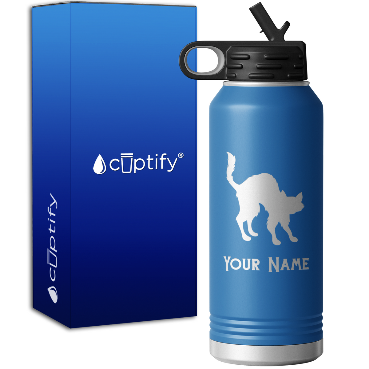 Scared Black Cat Personalized 32oz Sport Water Bottle