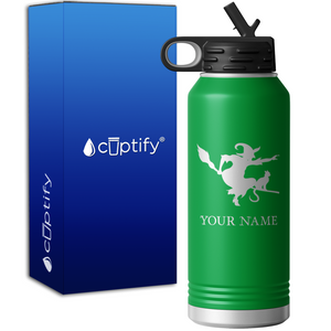 Flying Witch with Cat Personalized 32oz Sport Water Bottle
