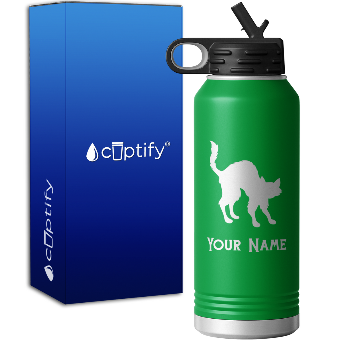 Scared Black Cat Personalized 32oz Sport Water Bottle