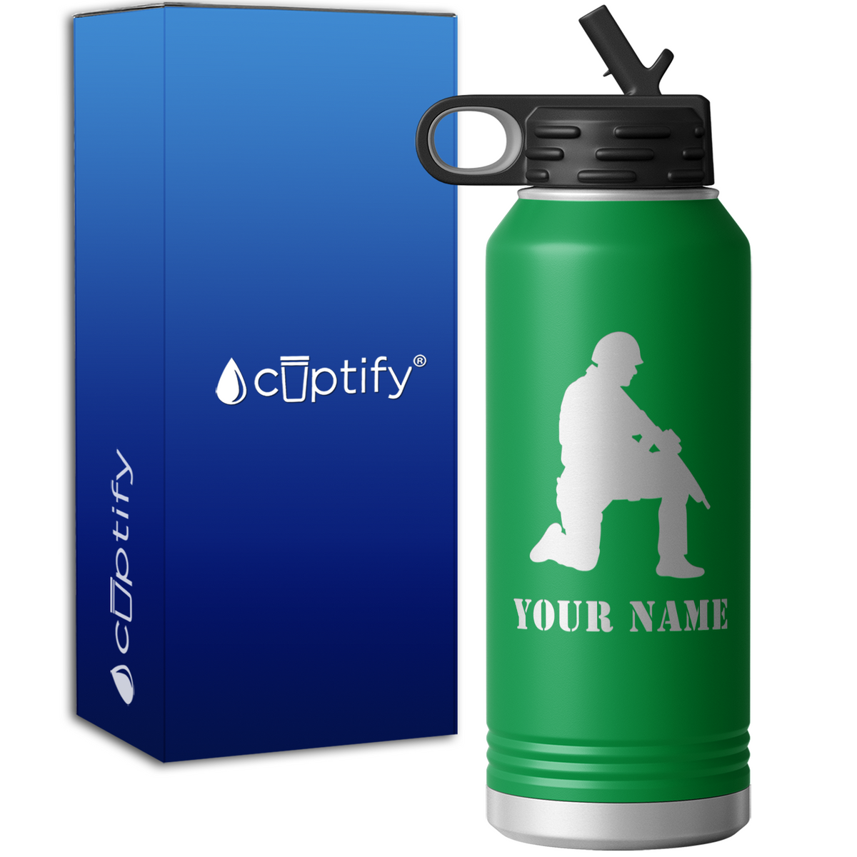 Soldier Kneeling with Rifle Personalized 32oz Sport Water Bottle