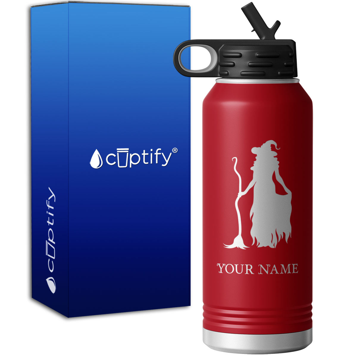 Witch Standing with Broom Personalized 32oz Sport Water Bottle