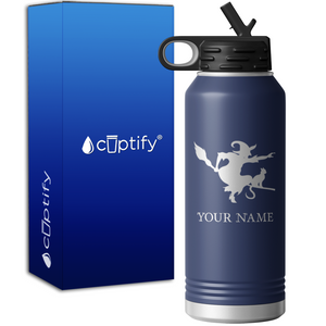 Flying Witch with Cat Personalized 32oz Sport Water Bottle