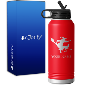 Flying Witch with Cat Personalized 32oz Sport Water Bottle