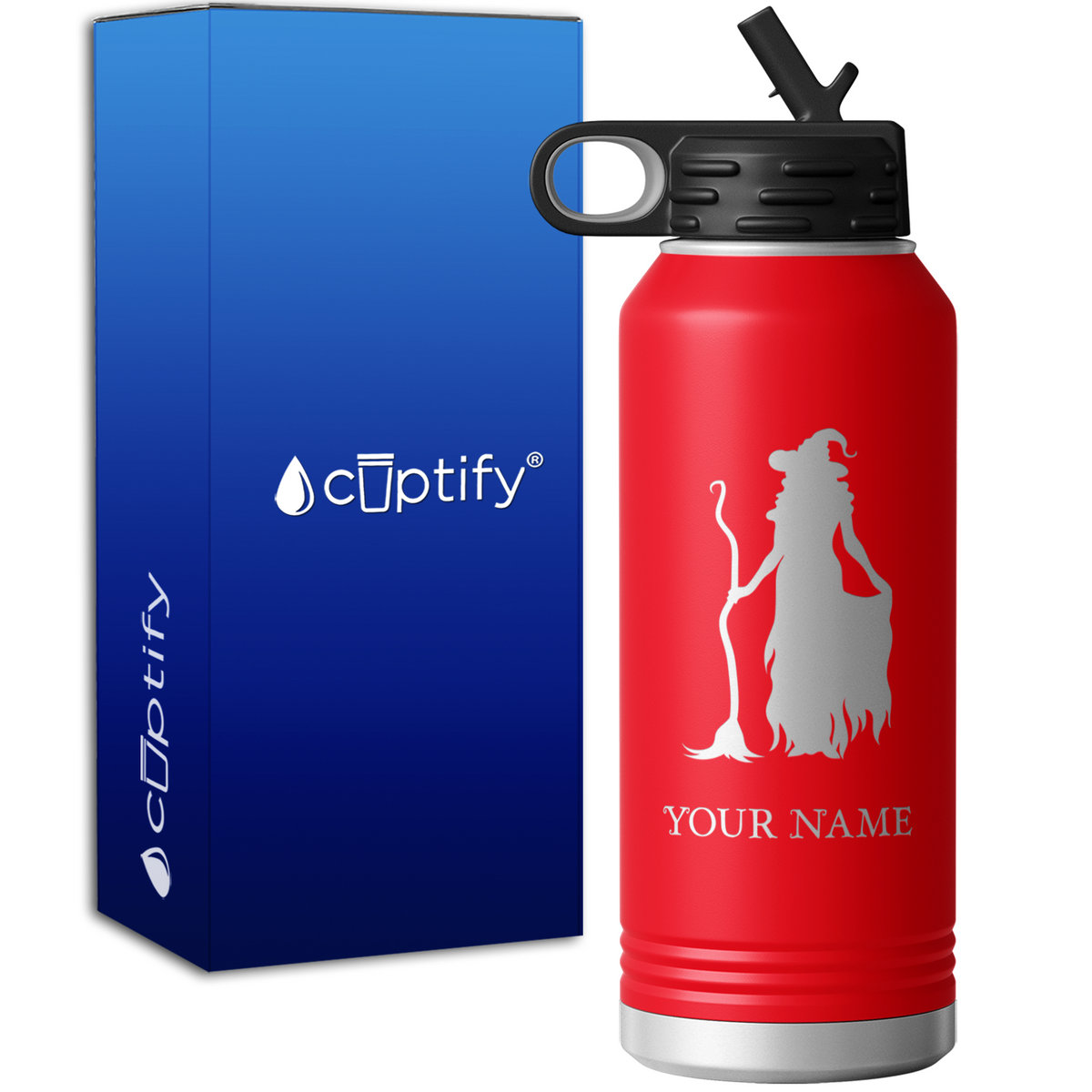 Witch Standing with Broom Personalized 32oz Sport Water Bottle