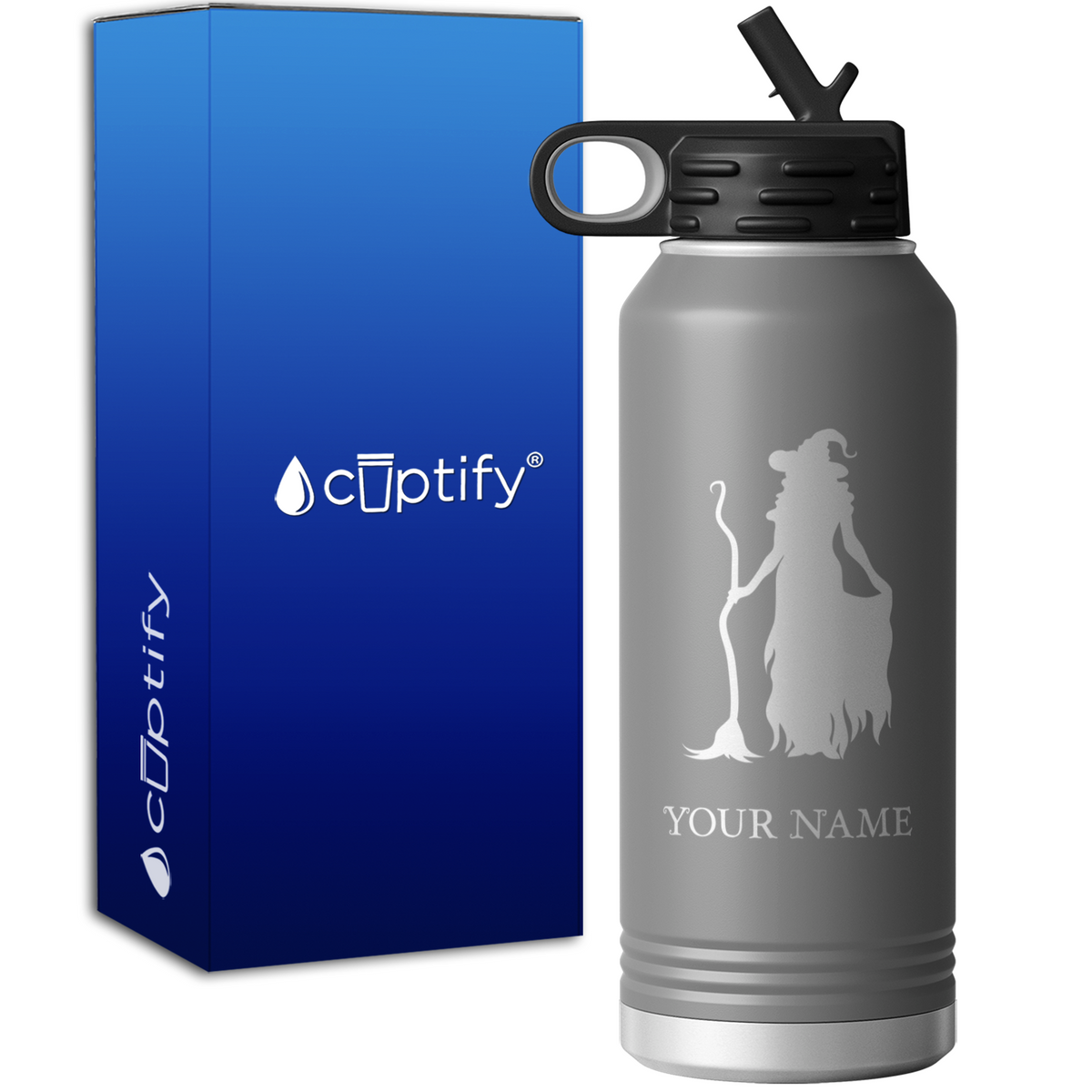 Witch Standing with Broom Personalized 32oz Sport Water Bottle