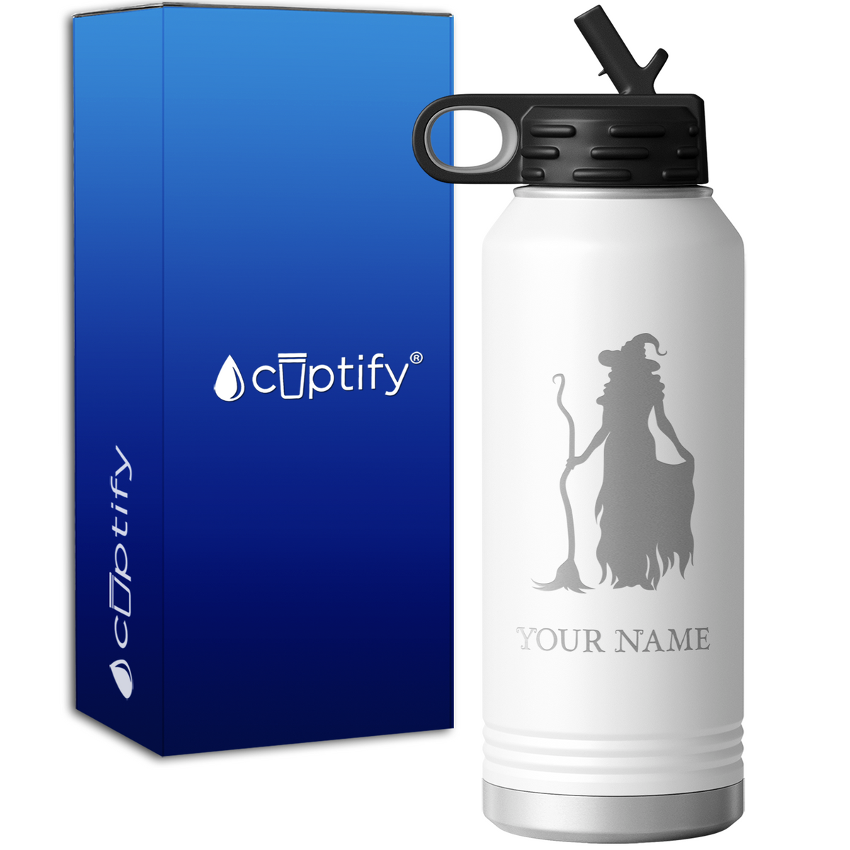 Witch Standing with Broom Personalized 32oz Sport Water Bottle