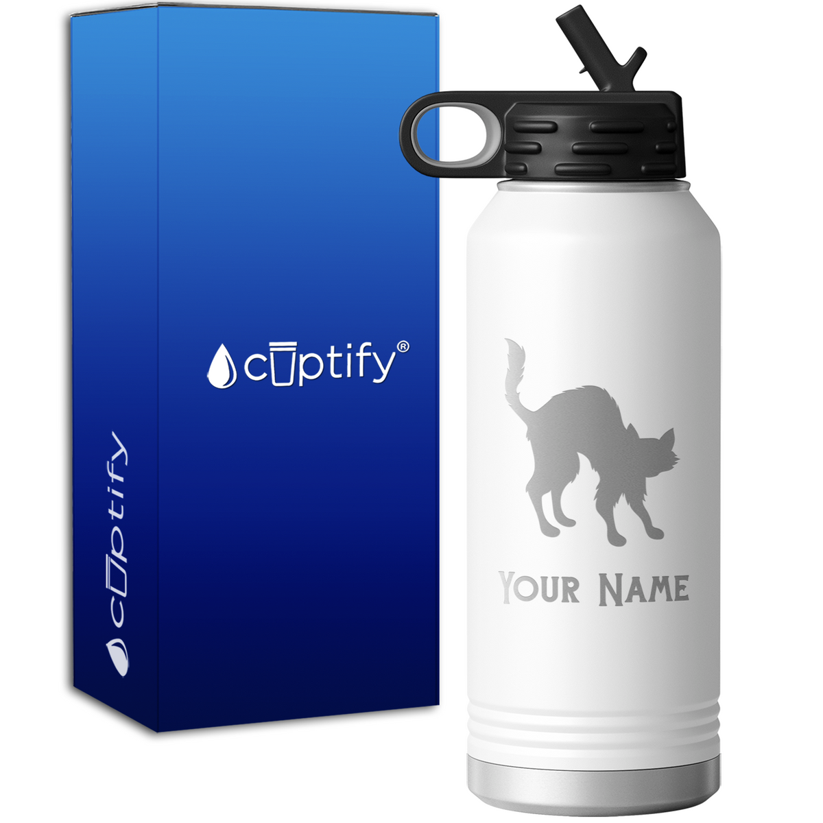 Scared Black Cat Personalized 32oz Sport Water Bottle