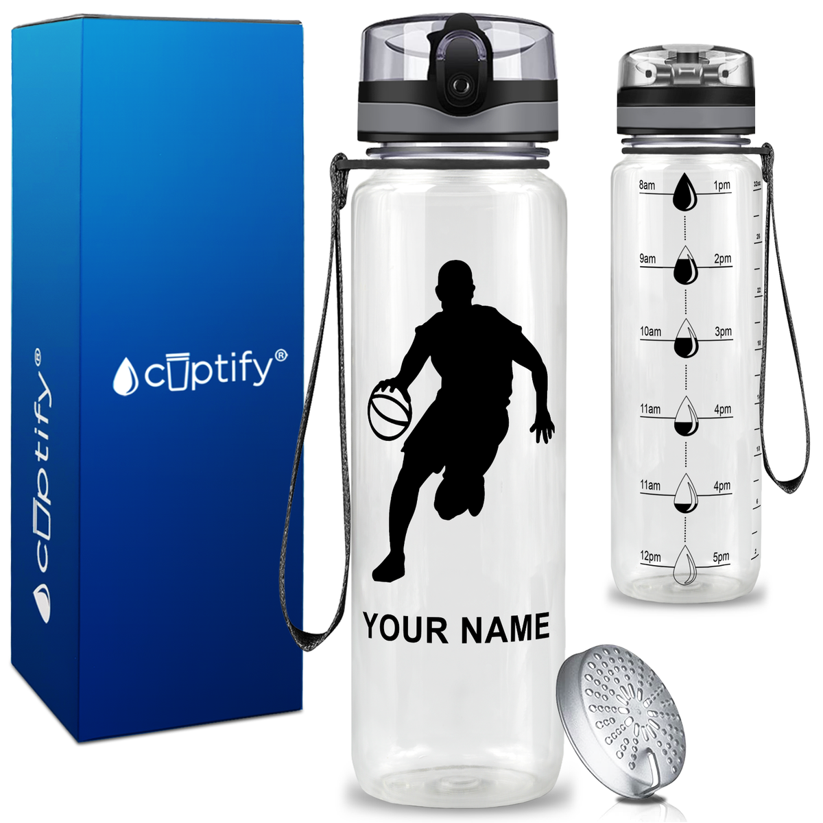 Personalized Basketball Player Silhouette on 32 oz Motivational Tracking Water Bottle