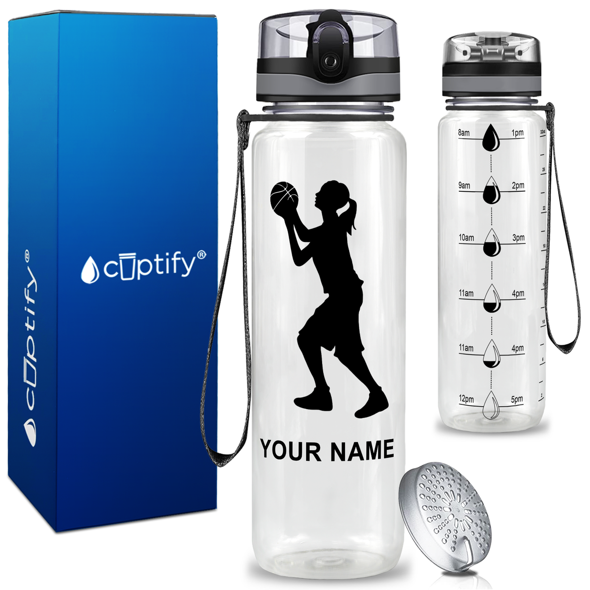 Personalized Female Shooting Basketball on 32 oz Motivational Tracking Water Bottle