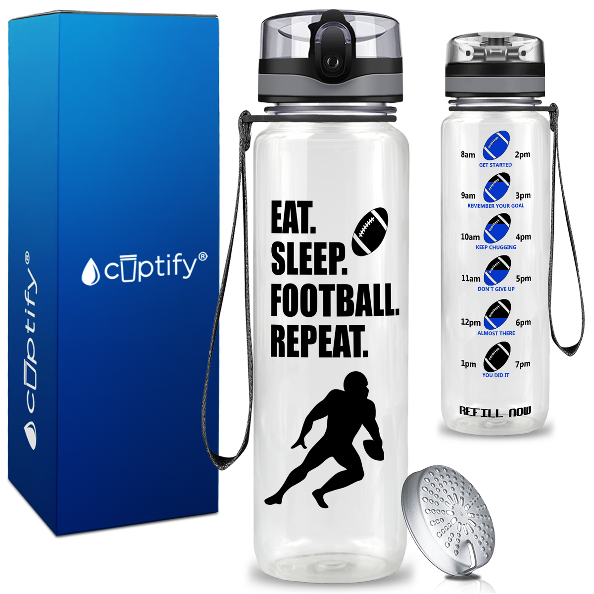 Eat Sleep Football Repeat on 32 oz Motivational Tracking Water Bottle
