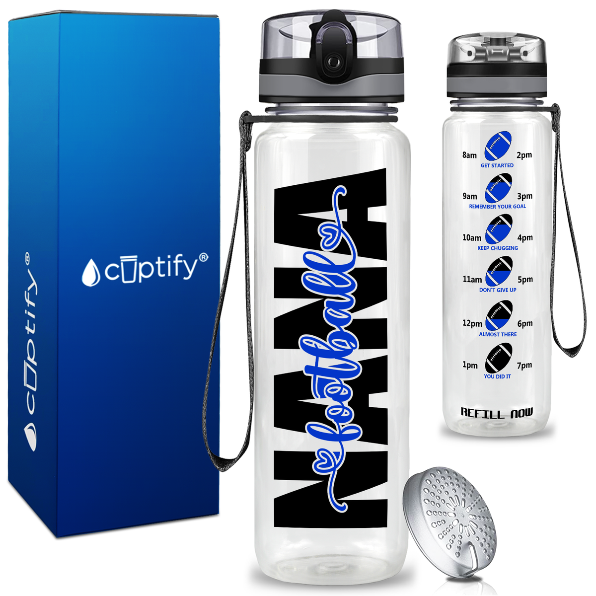 Nana Football on 32 oz Motivational Tracking Water Bottle