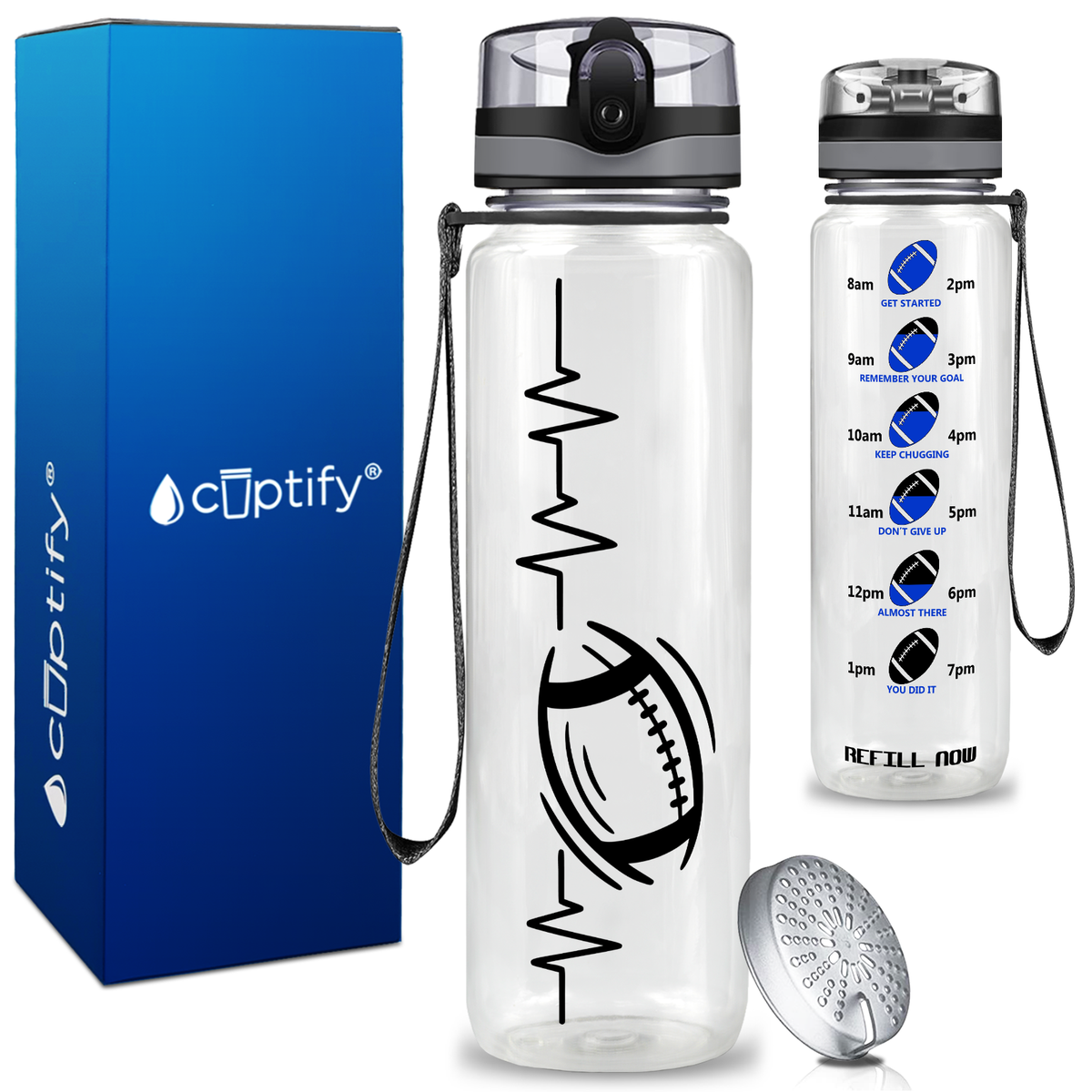 Pulse Heart Beat Football on 32 oz Motivational Tracking Water Bottle