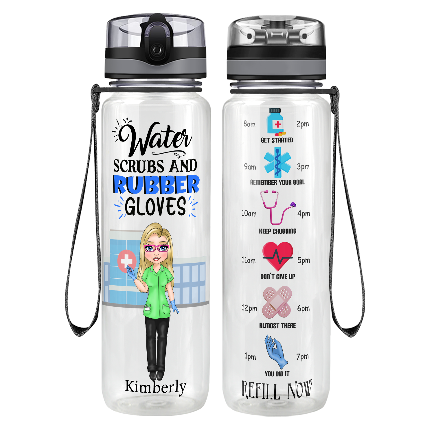Personalized Water Scrubs and Rubber Gloves on 32 oz Motivational Tracking Water Bottle