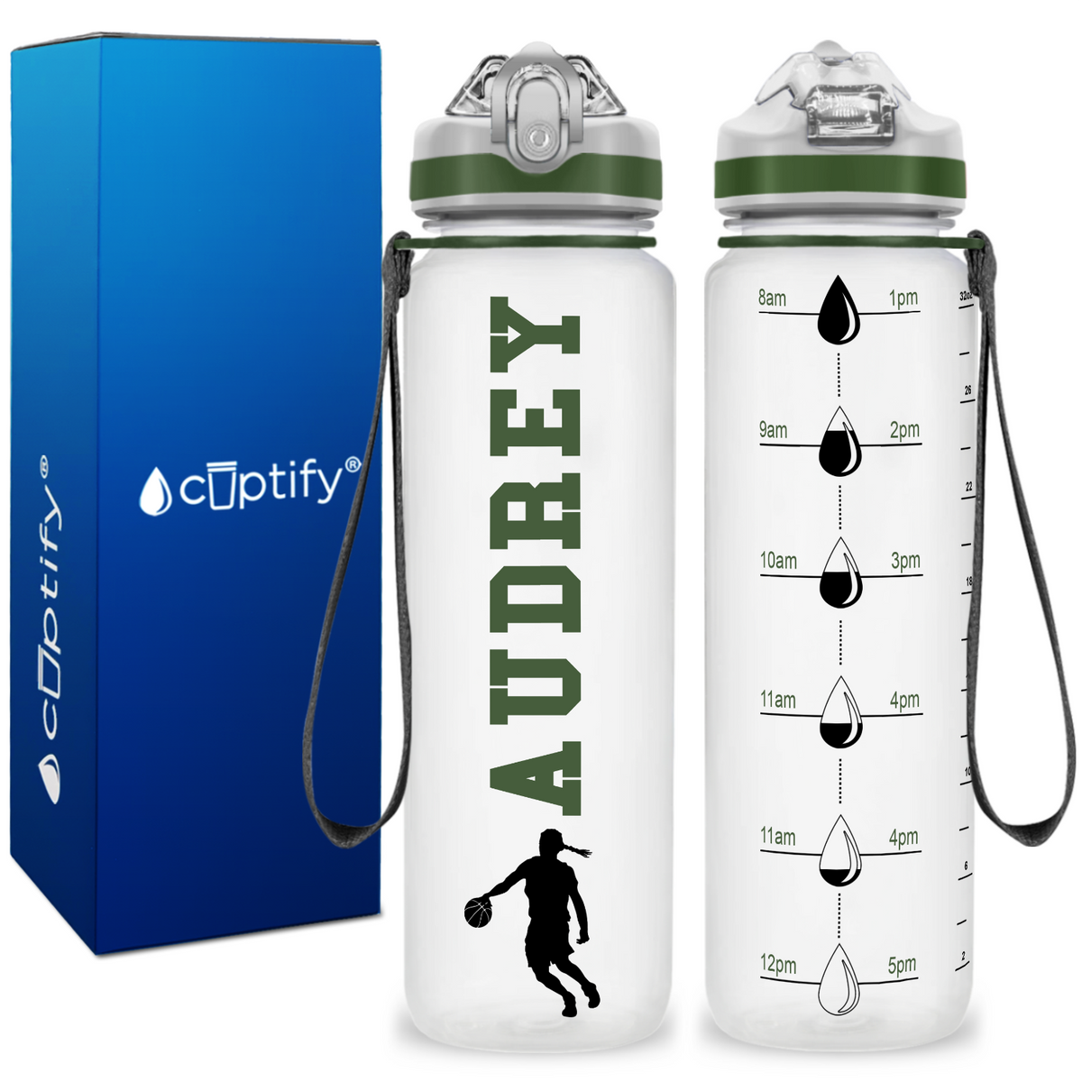 Personalized Female Basketball Player on 32 oz Motivational Tracking Water Bottle