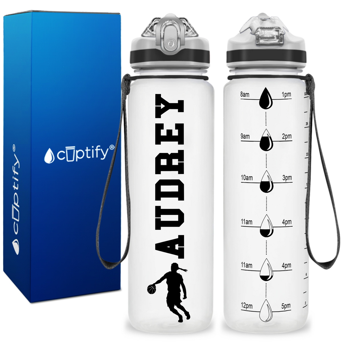 Personalized Female Basketball Player on 32 oz Motivational Tracking Water Bottle