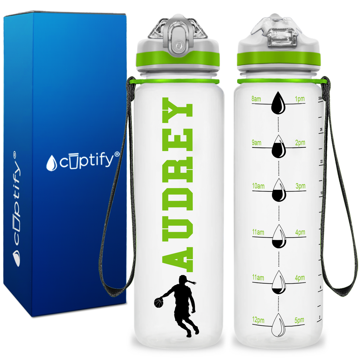 Personalized Female Basketball Player on 32 oz Motivational Tracking Water Bottle