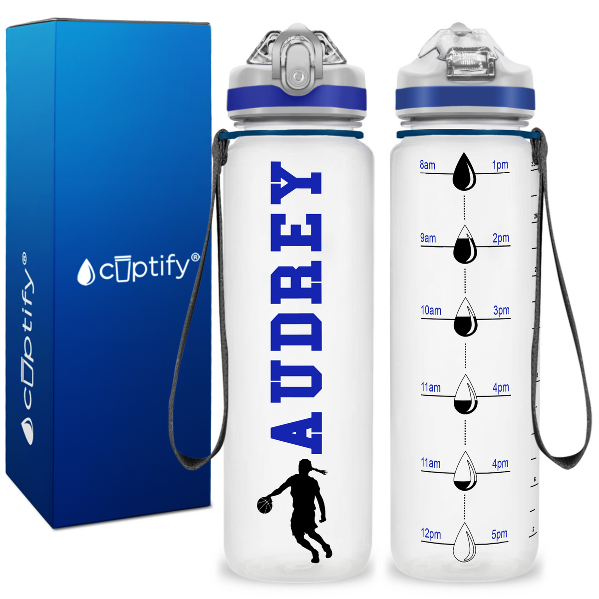 Personalized Female Basketball Player on 32 oz Motivational Tracking Water Bottle