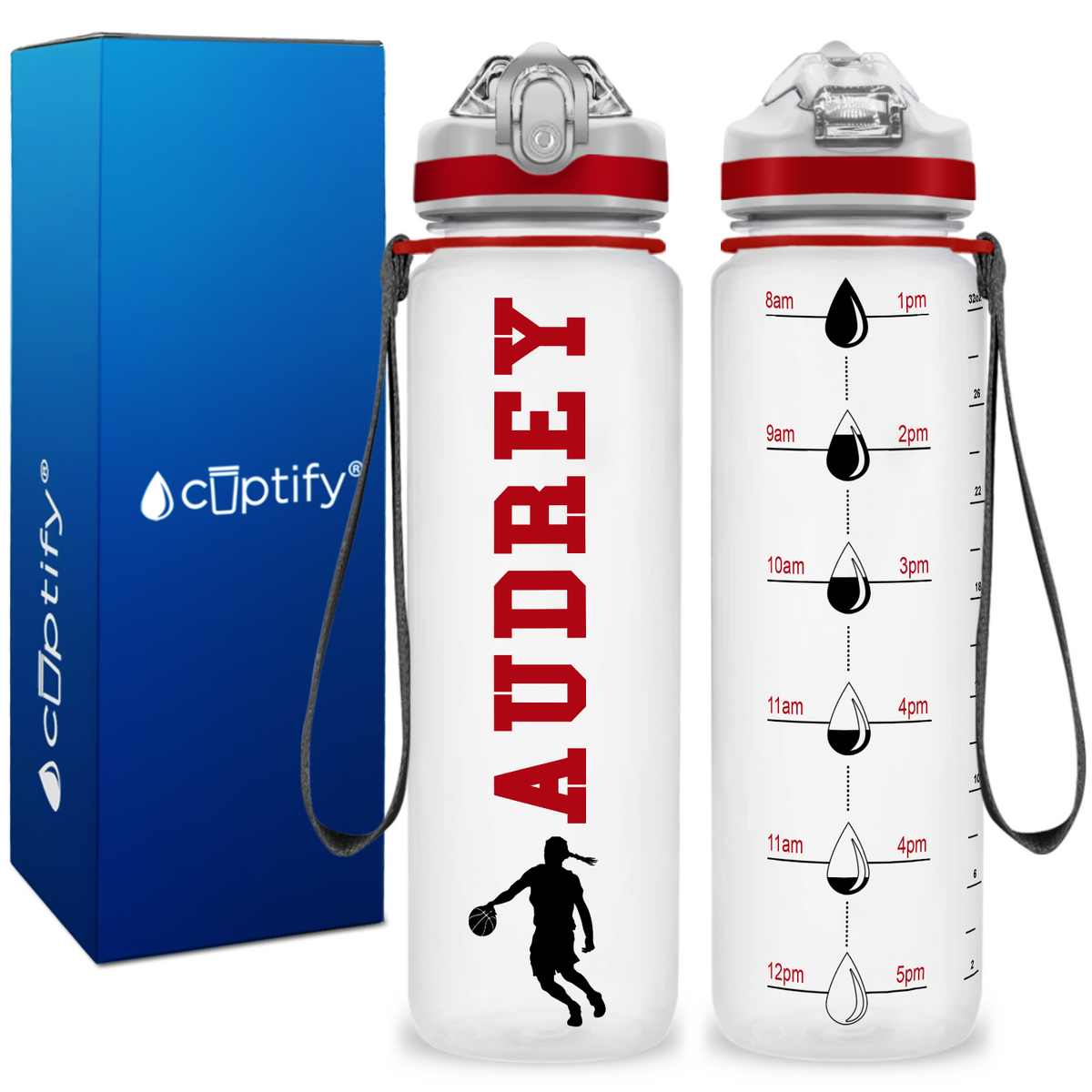 Personalized Female Basketball Player on 32 oz Motivational Tracking Water Bottle