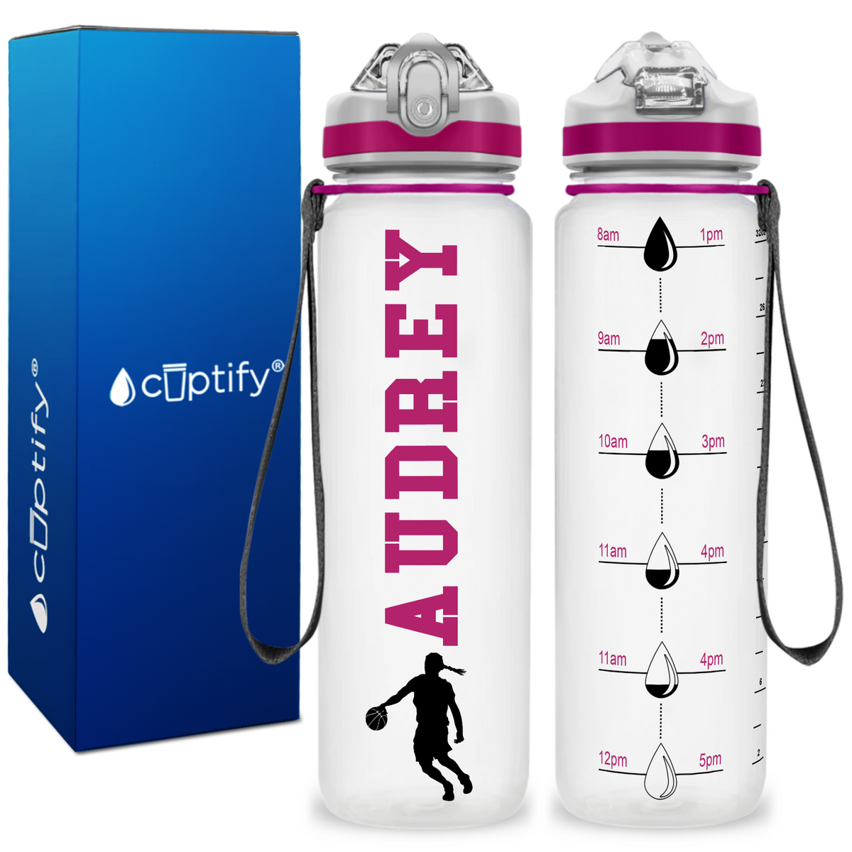Personalized Female Basketball Player on 32 oz Motivational Tracking Water Bottle
