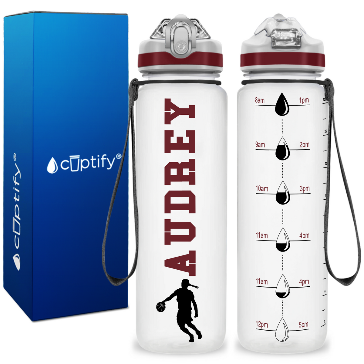 Personalized Female Basketball Player on 32 oz Motivational Tracking Water Bottle