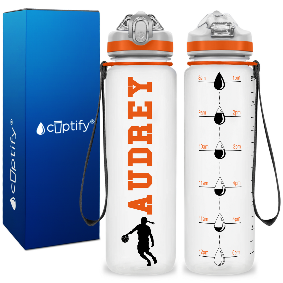 Personalized Female Basketball Player on 32 oz Motivational Tracking Water Bottle