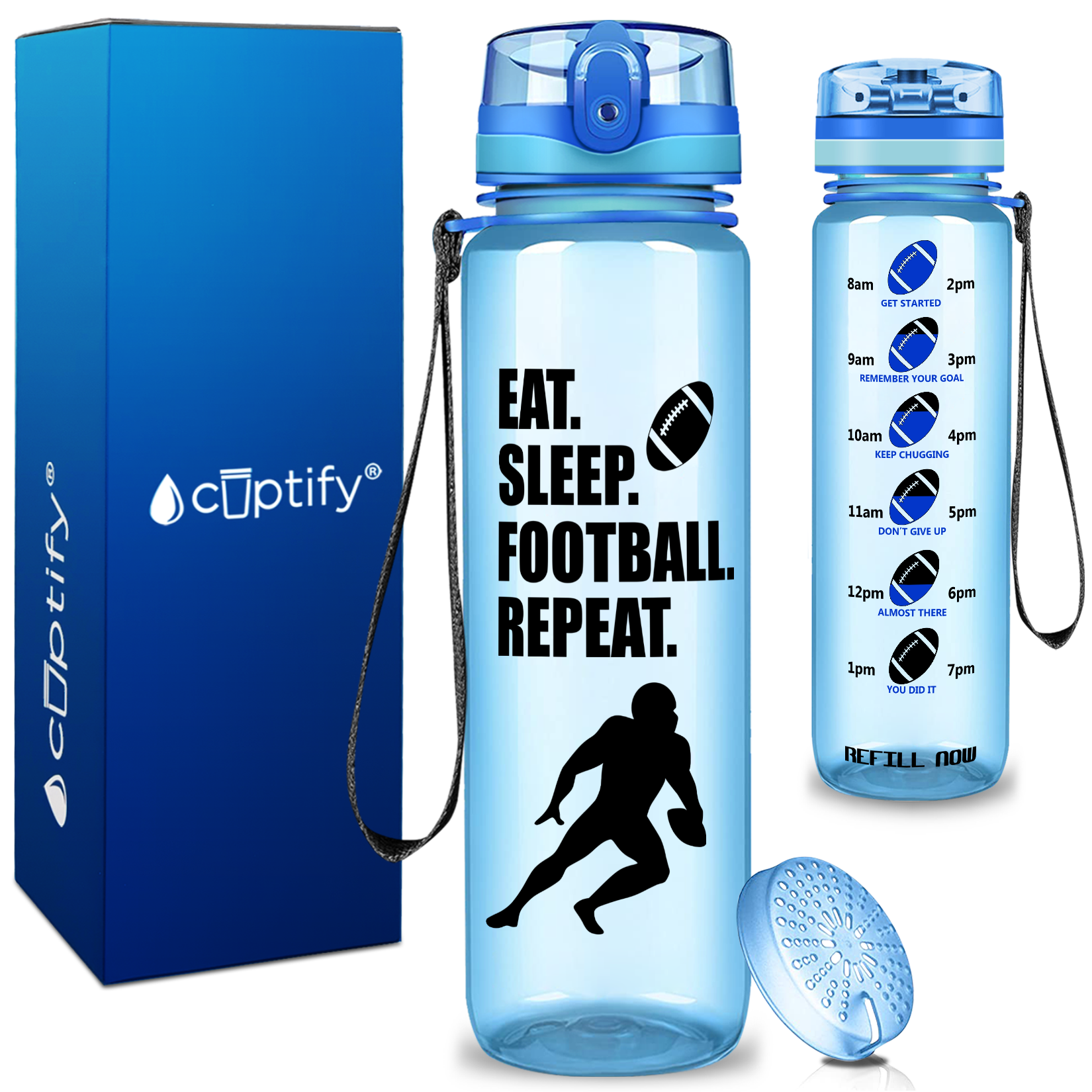 Eat Sleep Football Repeat on 32 oz Motivational Tracking Water Bottle