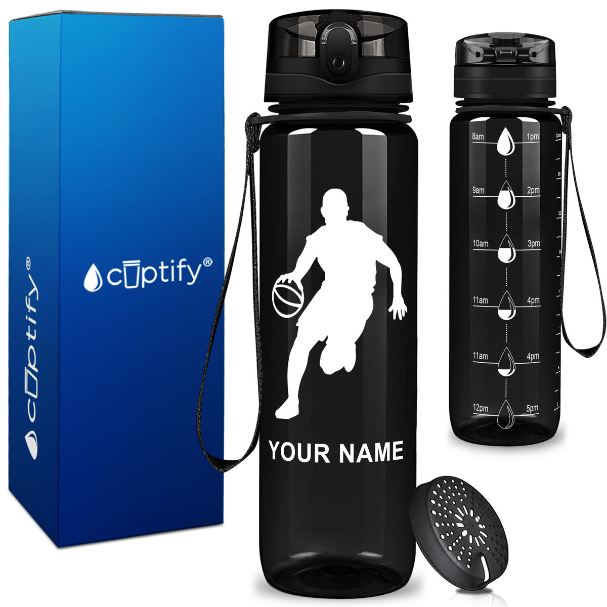 Personalized Basketball Player Silhouette on 32 oz Motivational Tracking Water Bottle