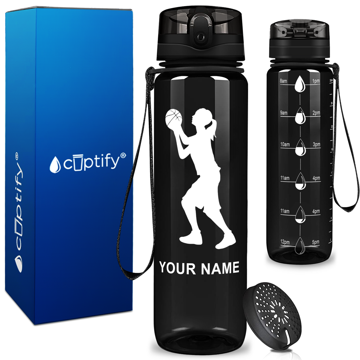 Personalized Female Shooting Basketball on 32 oz Motivational Tracking Water Bottle