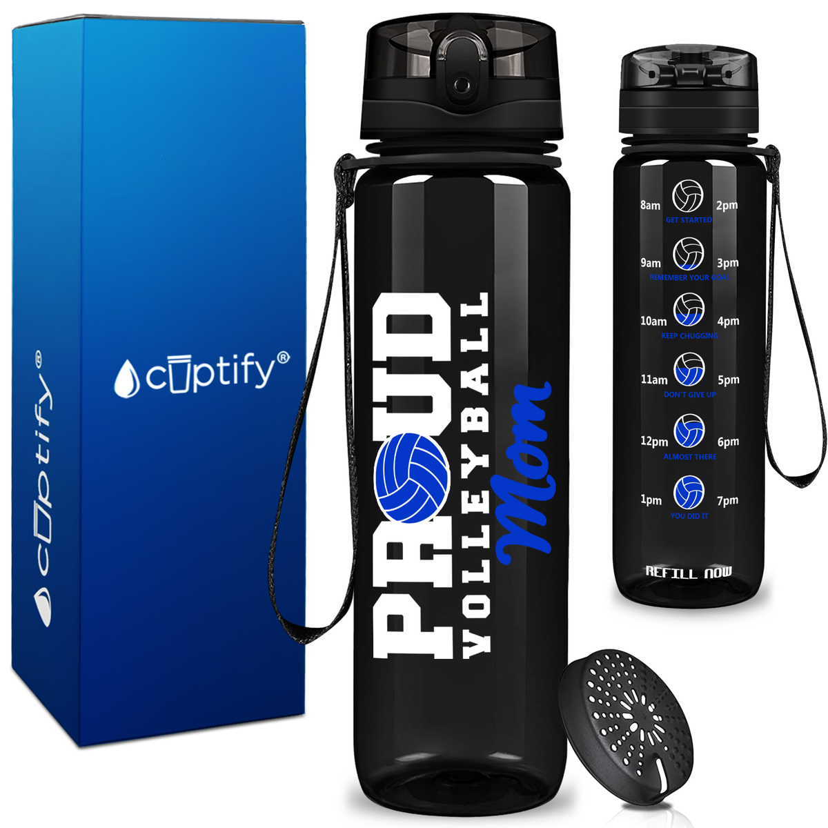 Proud Volleyball Mom on 32 oz Motivational Tracking Water Bottle