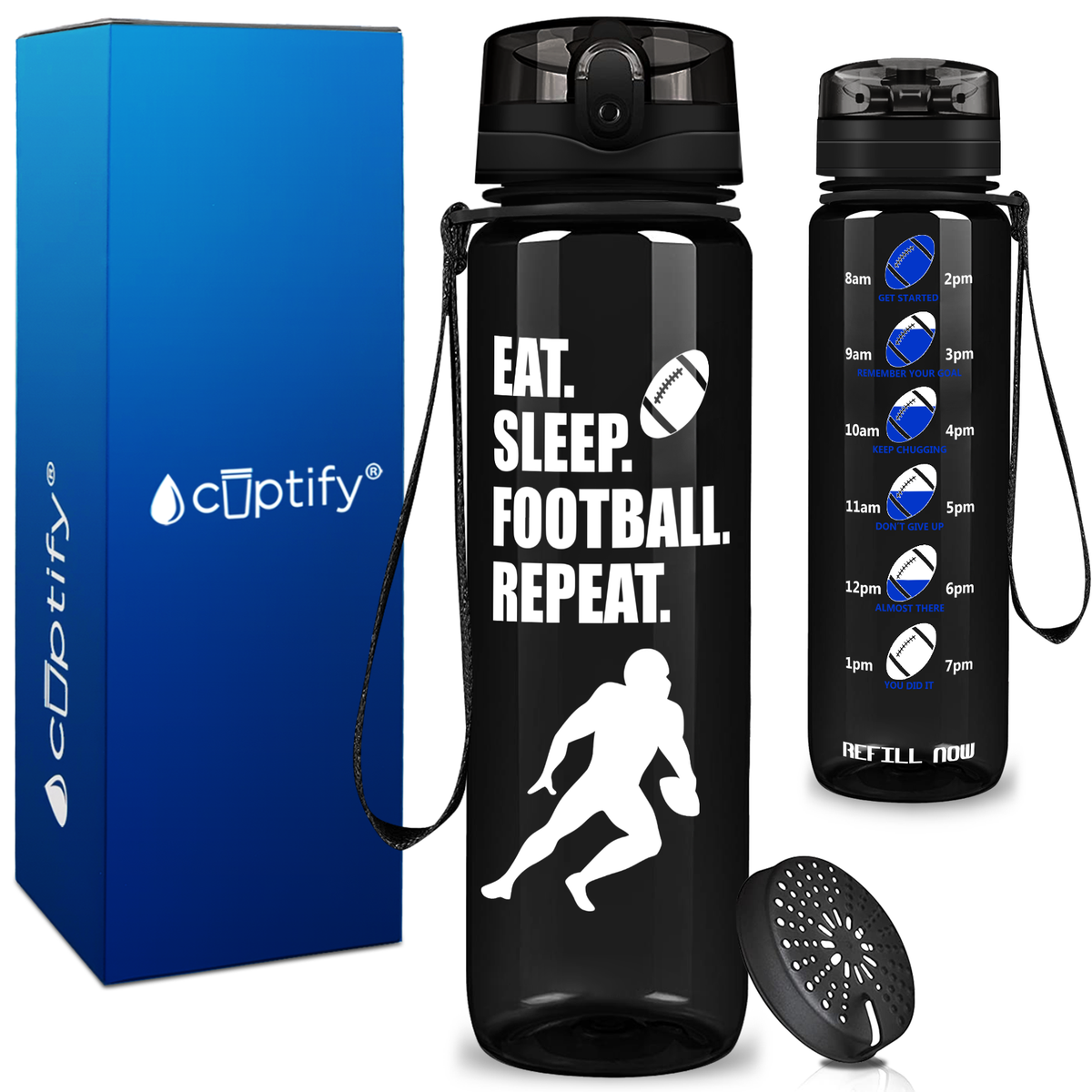 Eat Sleep Football Repeat on 32 oz Motivational Tracking Water Bottle