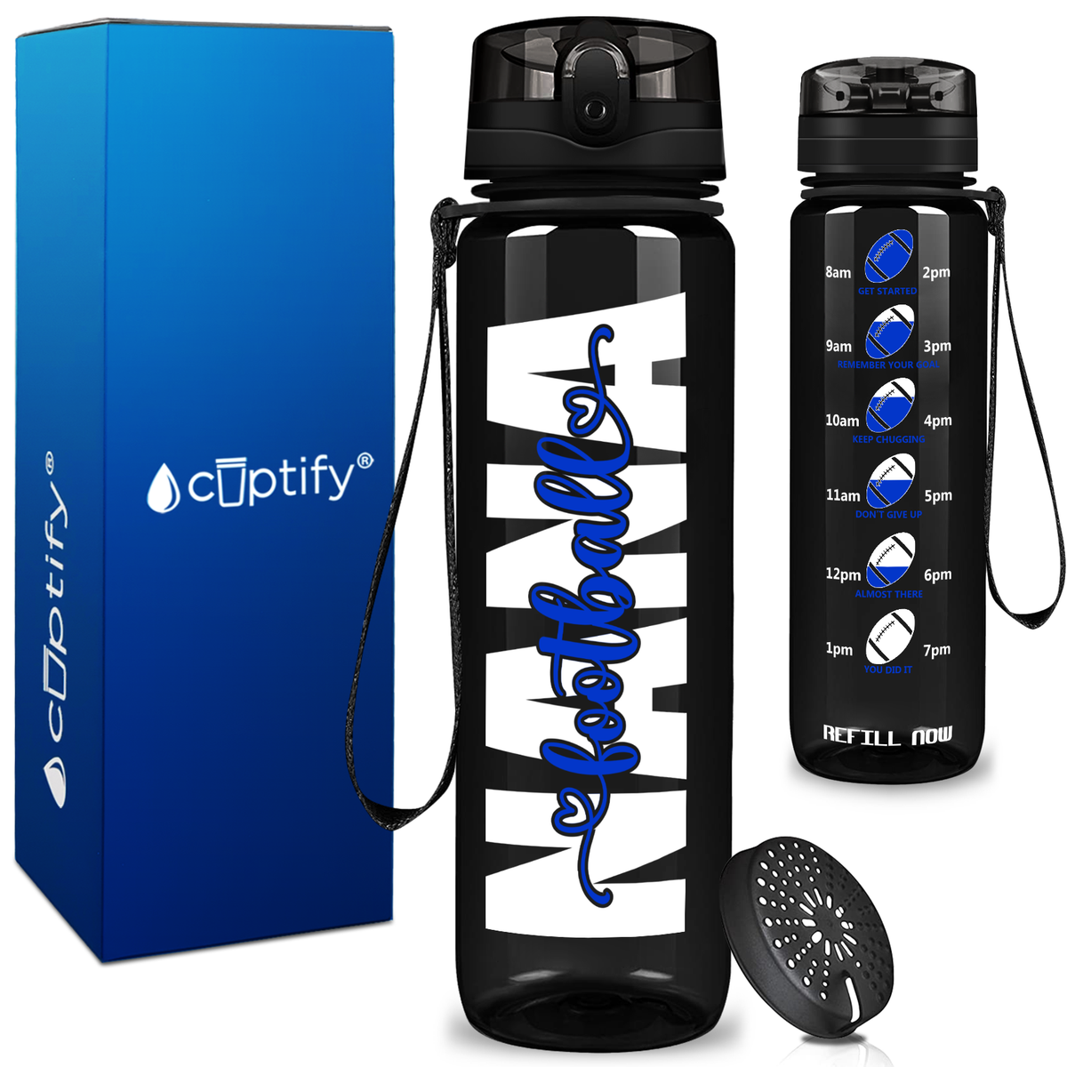 Nana Football on 32 oz Motivational Tracking Water Bottle