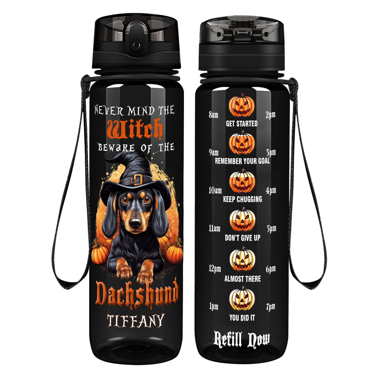 Personalized Halloween Witch Beware Dachshund on 32 oz Motivational Tracking Water Bottle