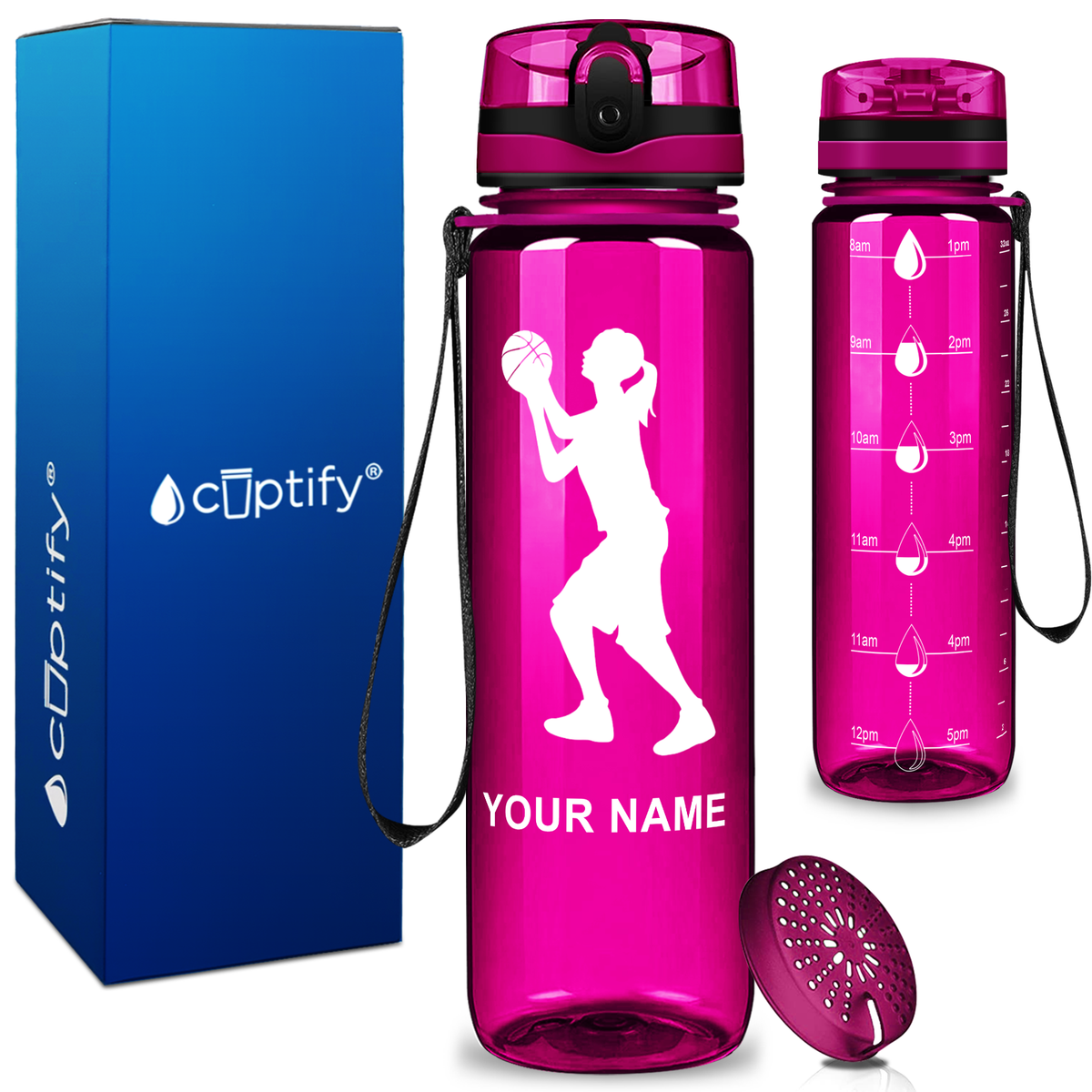 Personalized Female Shooting Basketball on 32 oz Motivational Tracking Water Bottle