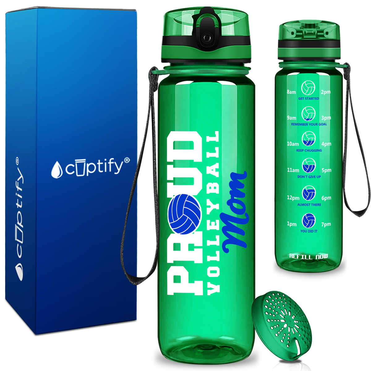 Proud Volleyball Mom on 32 oz Motivational Tracking Water Bottle