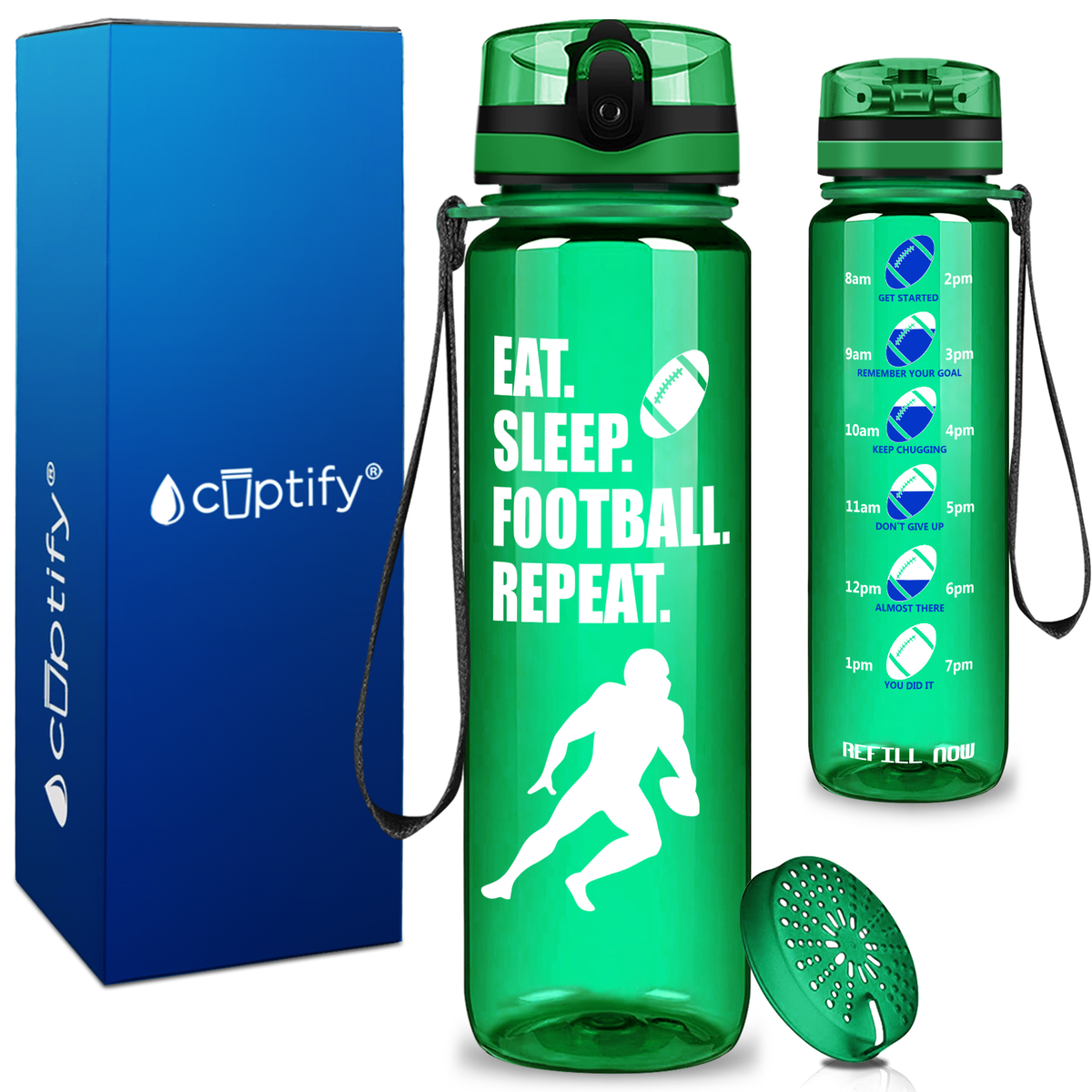 Eat Sleep Football Repeat on 32 oz Motivational Tracking Water Bottle