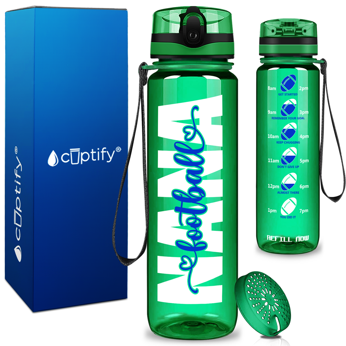 Nana Football on 32 oz Motivational Tracking Water Bottle