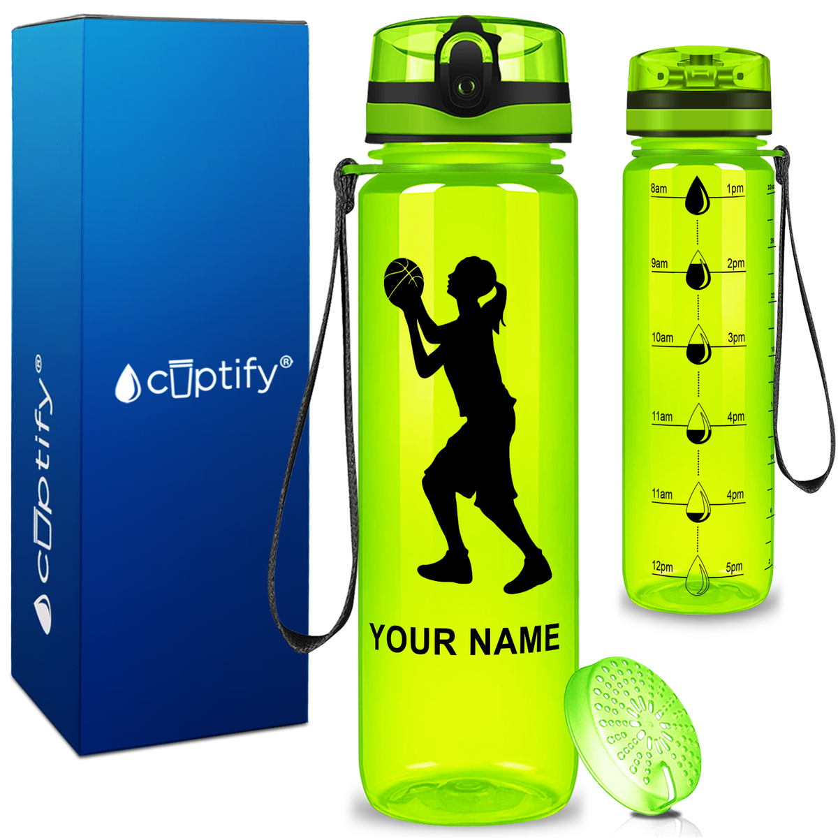 Personalized Female Shooting Basketball on 32 oz Motivational Tracking Water Bottle