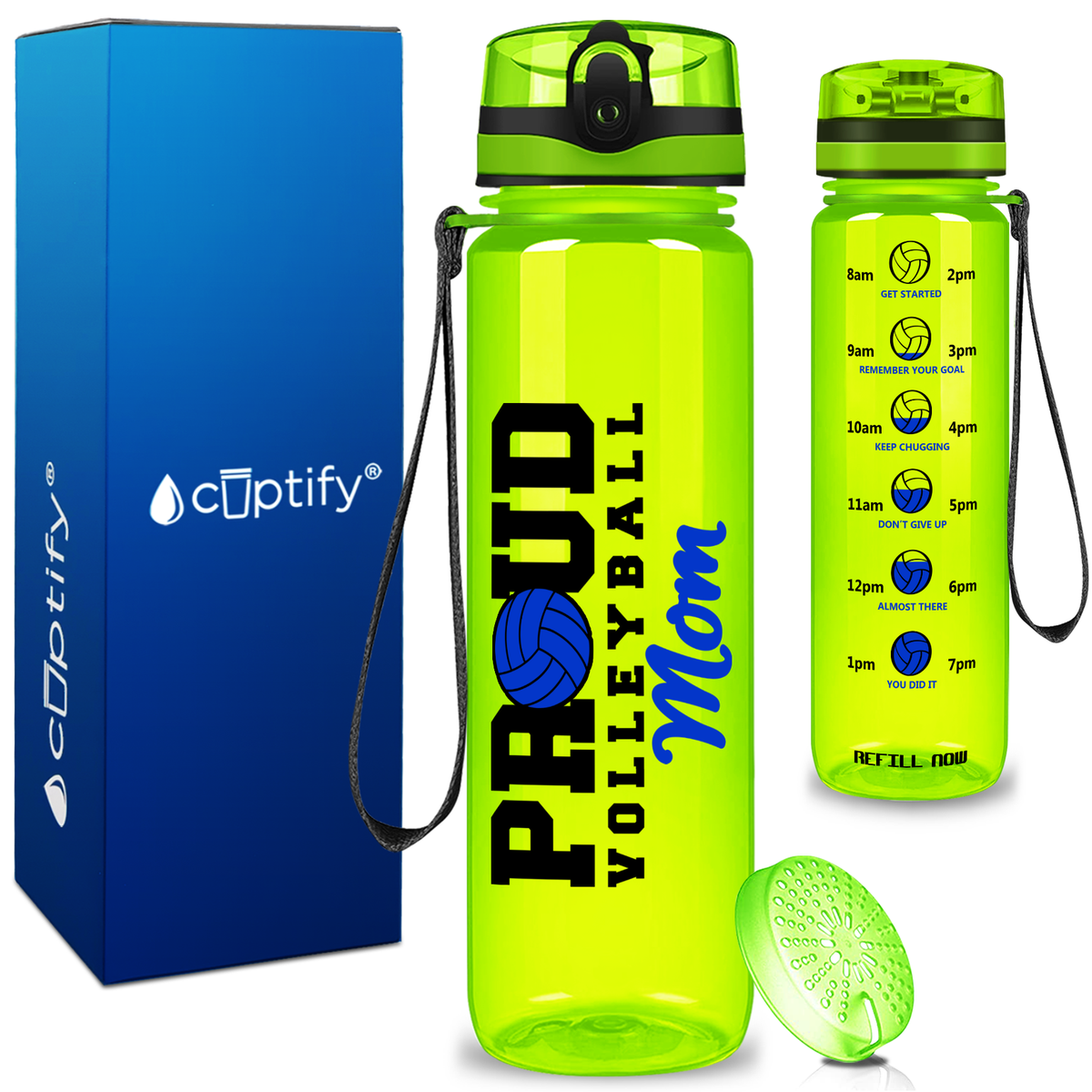 Proud Volleyball Mom on 32 oz Motivational Tracking Water Bottle