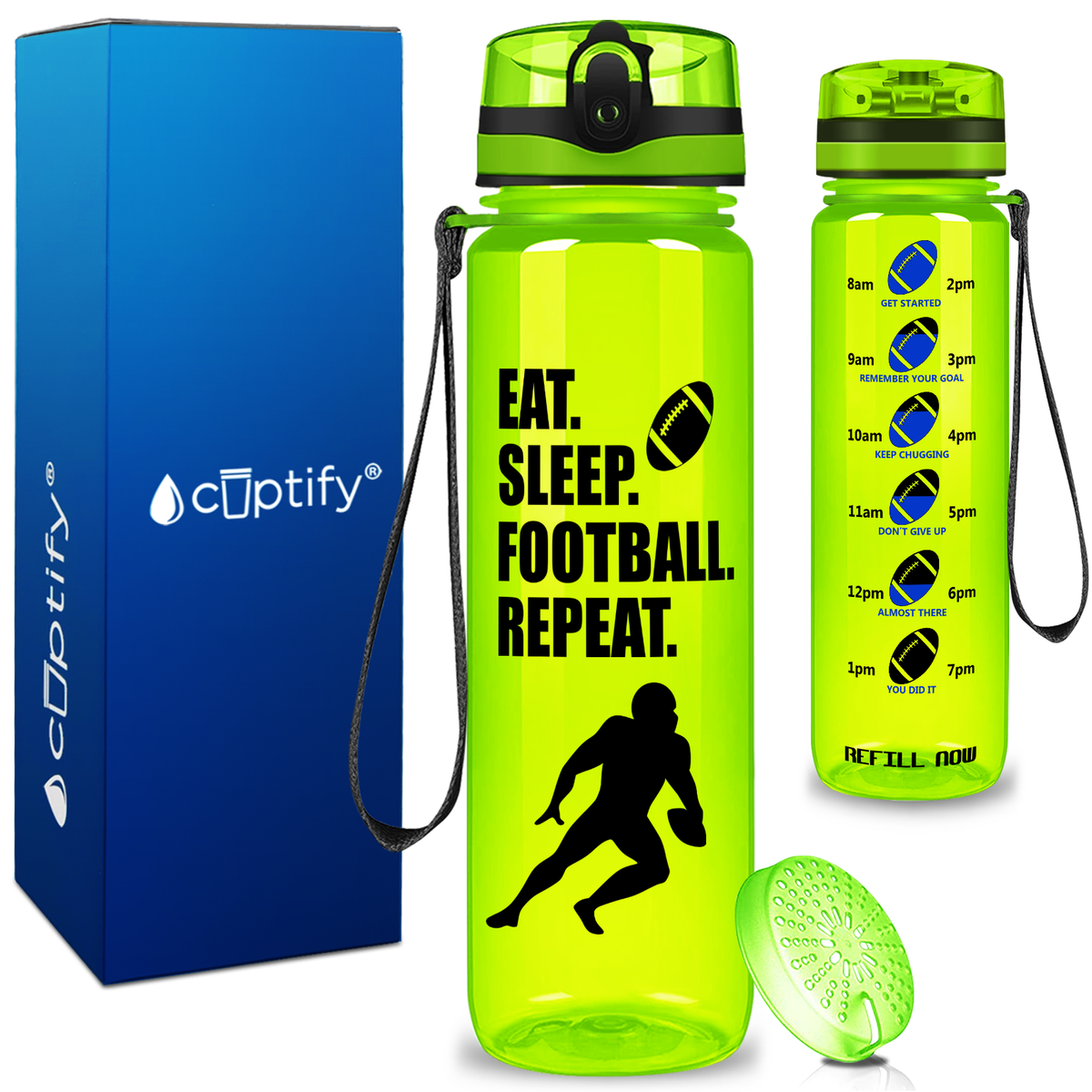 Eat Sleep Football Repeat on 32 oz Motivational Tracking Water Bottle