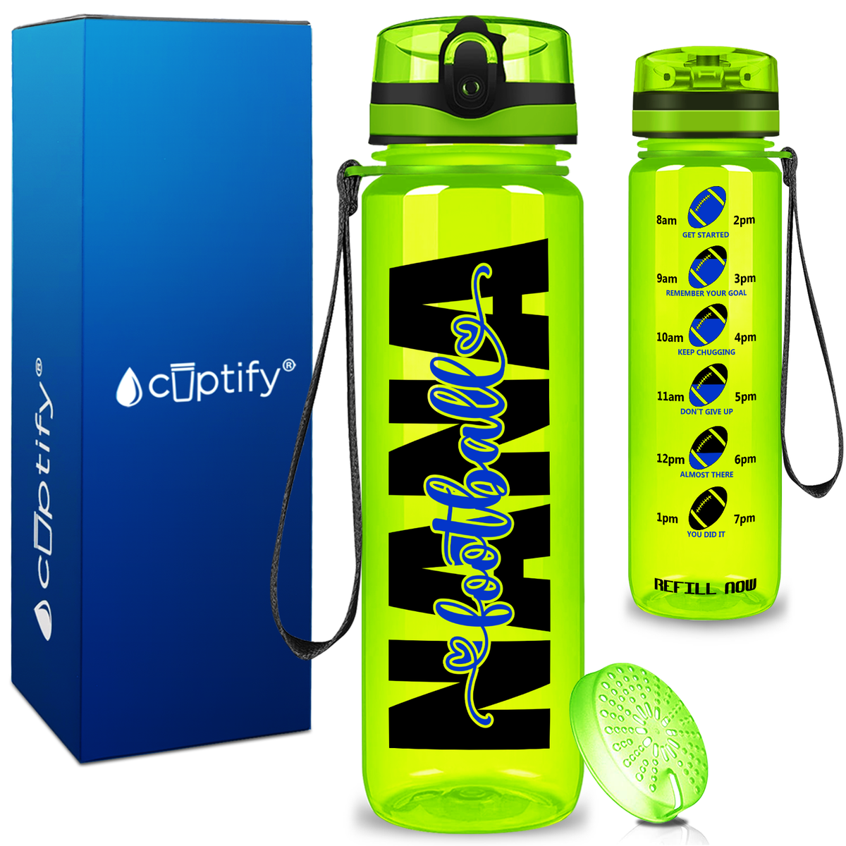 Nana Football on 32 oz Motivational Tracking Water Bottle