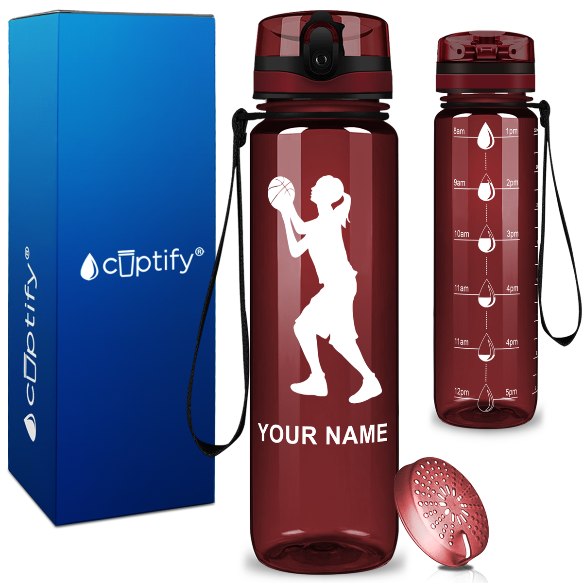 Personalized Female Shooting Basketball on 32 oz Motivational Tracking Water Bottle