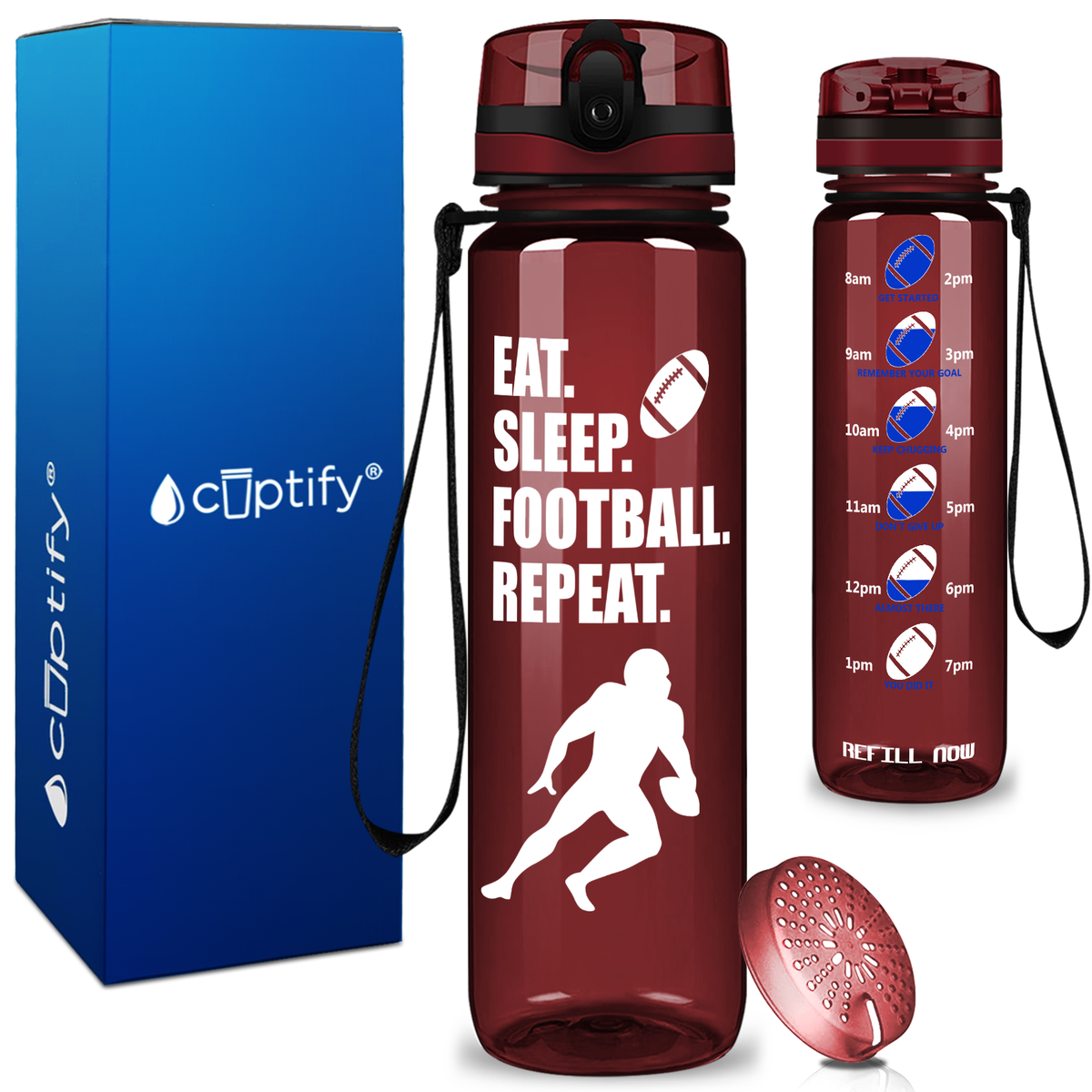 Eat Sleep Football Repeat on 32 oz Motivational Tracking Water Bottle