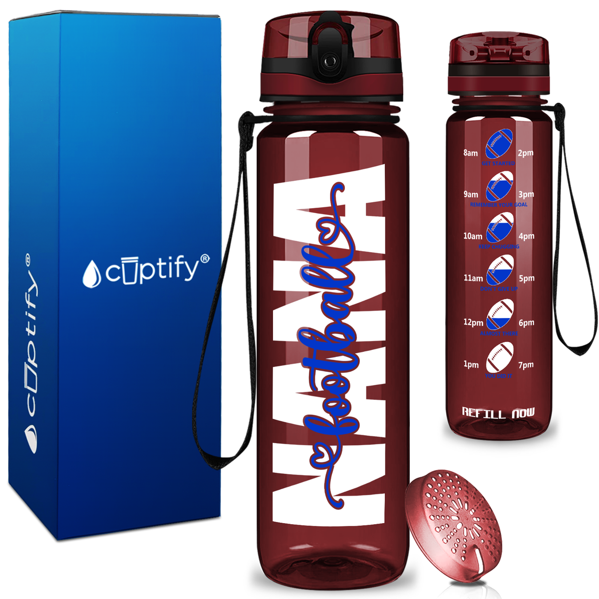 Nana Football on 32 oz Motivational Tracking Water Bottle
