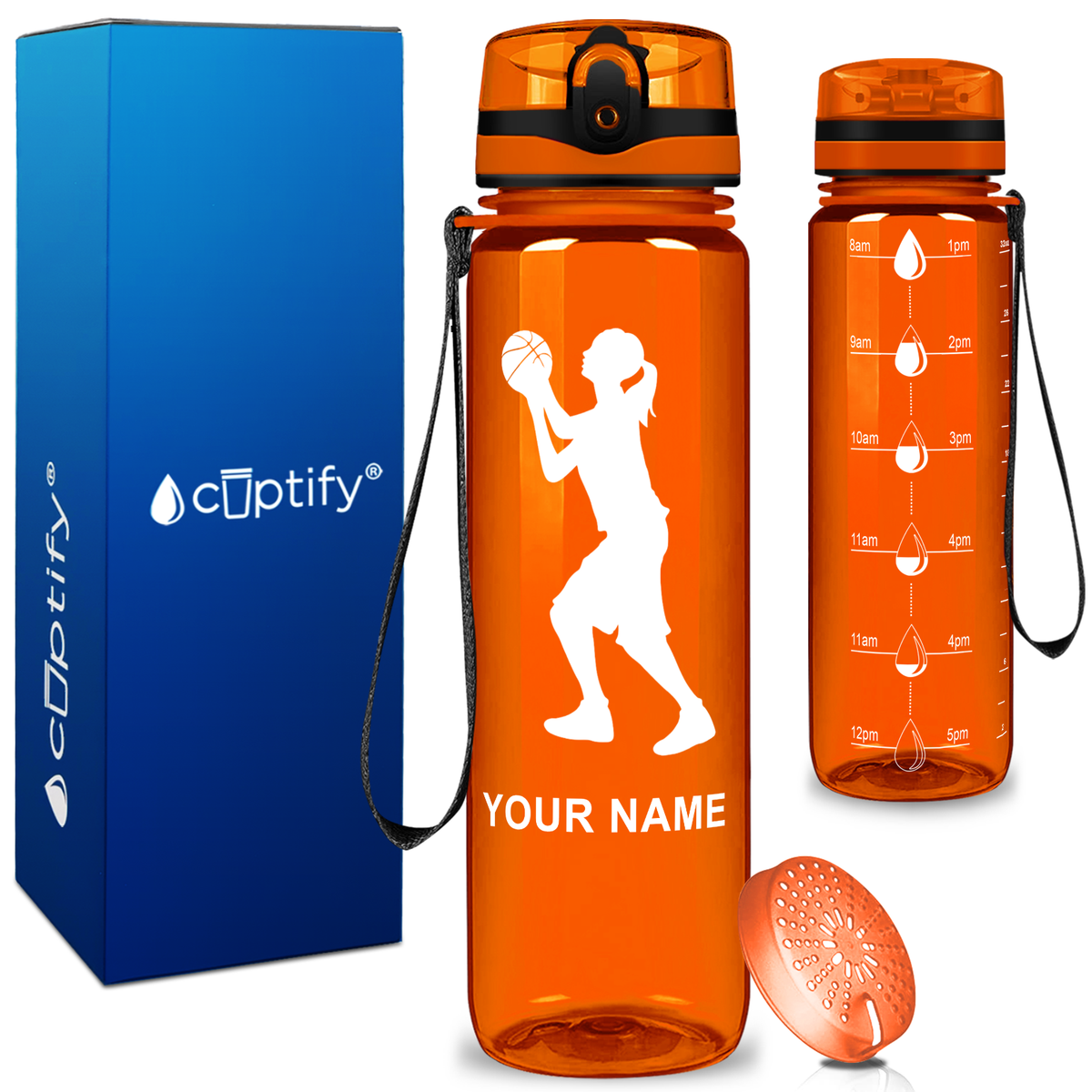 Personalized Female Shooting Basketball on 32 oz Motivational Tracking Water Bottle