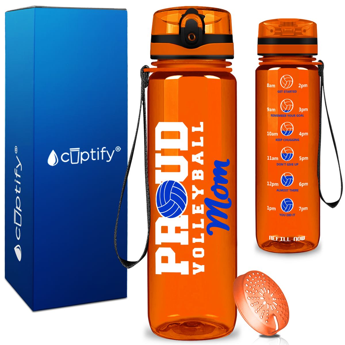 Proud Volleyball Mom on 32 oz Motivational Tracking Water Bottle
