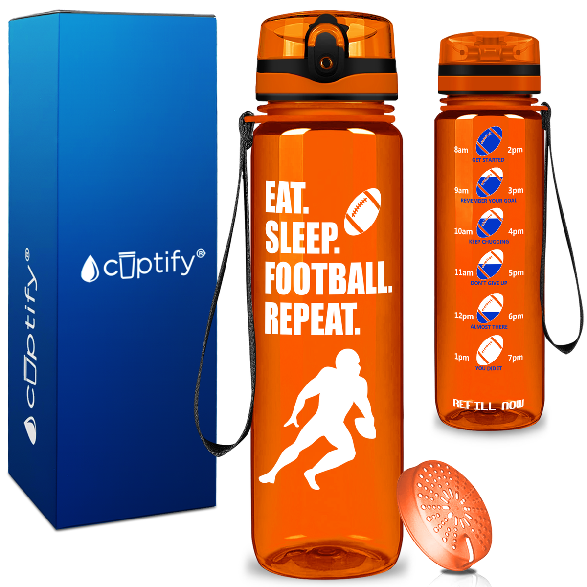 Eat Sleep Football Repeat on 32 oz Motivational Tracking Water Bottle