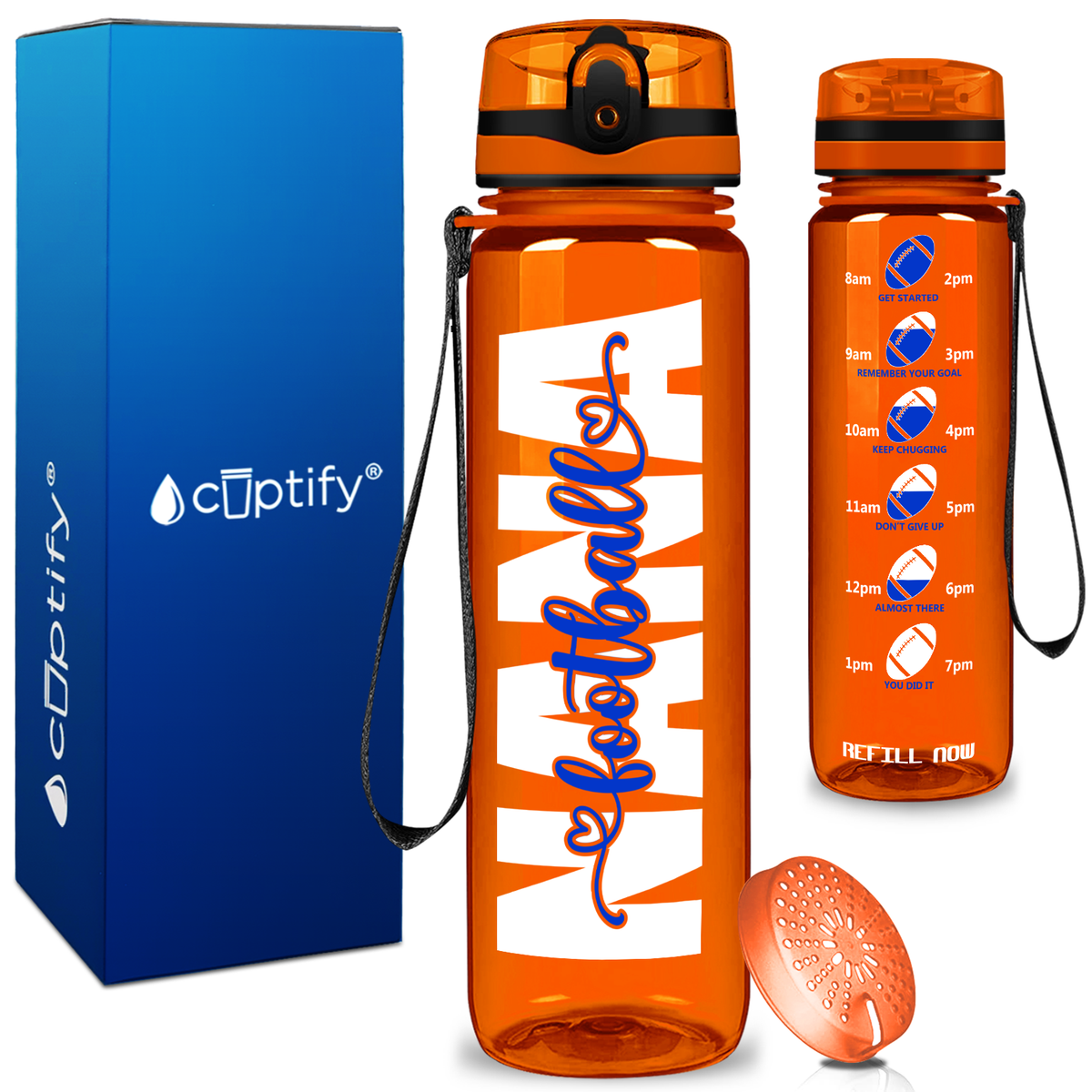 Nana Football on 32 oz Motivational Tracking Water Bottle