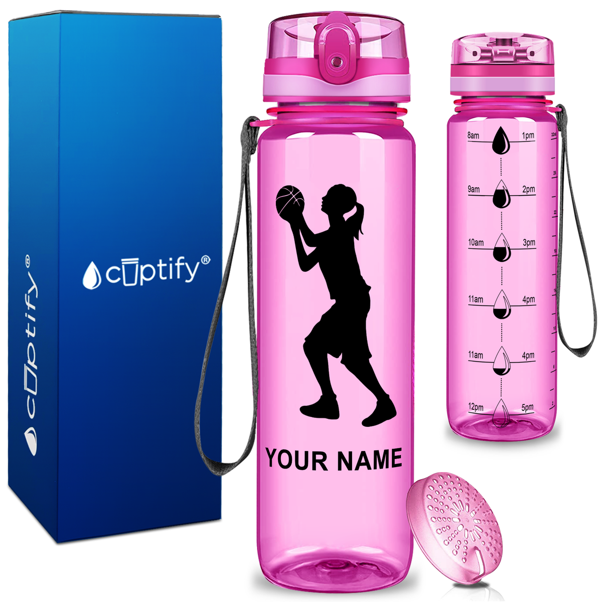Personalized Female Shooting Basketball on 32 oz Motivational Tracking Water Bottle